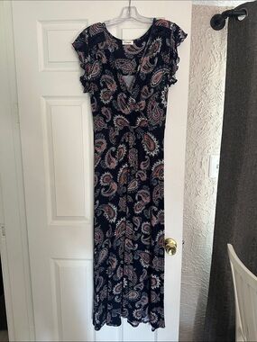 Loveappella Navy Paisley Wrap Maxi Dress with Pink and Cream Accents